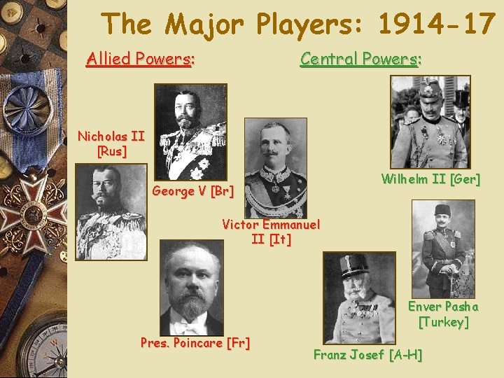 The Major Players: 1914 -17 Allied Powers: Central Powers: Nicholas II [Rus] Wilhelm II