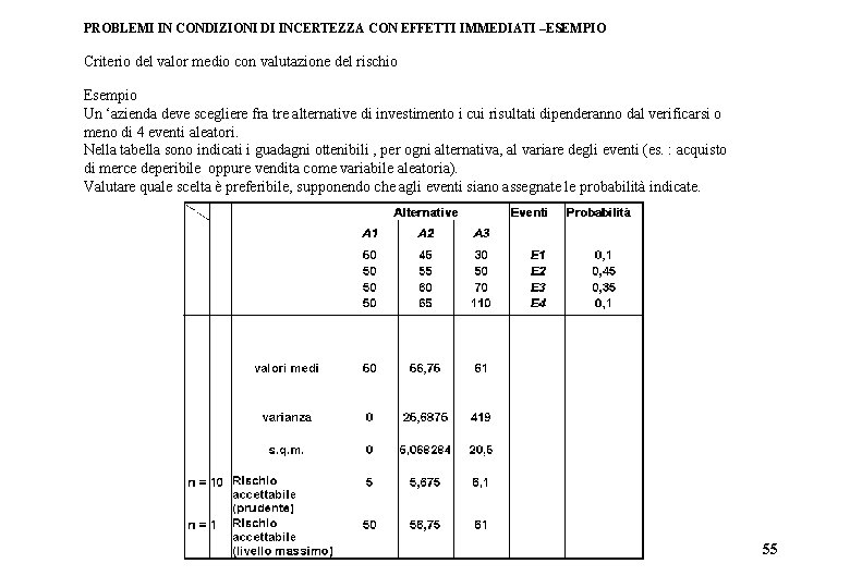 PROBLEMI IN CONDIZIONI DI INCERTEZZA CON EFFETTI IMMEDIATI –ESEMPIO Criterio del valor medio con