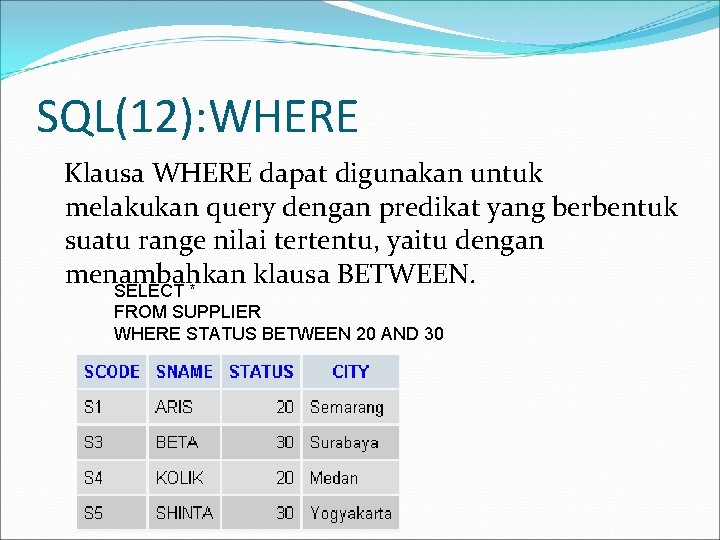 SQL(12): WHERE Klausa WHERE dapat digunakan untuk melakukan query dengan predikat yang berbentuk suatu