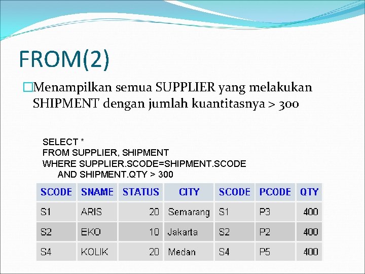 FROM(2) �Menampilkan semua SUPPLIER yang melakukan SHIPMENT dengan jumlah kuantitasnya > 300 SELECT *