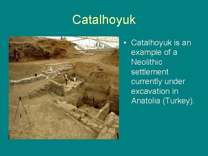 Catalhoyuk • Catalhoyuk is an example of a Neolithic settlement currently under excavation in