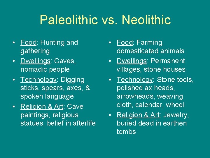 Paleolithic vs. Neolithic • Food: Hunting and gathering • Dwellings: Caves, nomadic people •