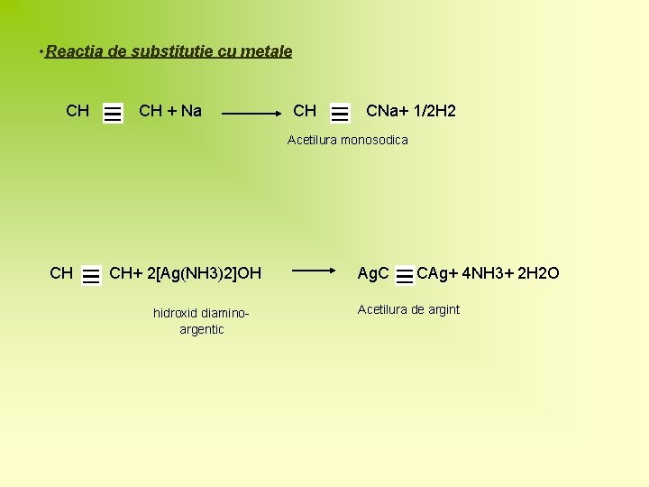  • Reactia de substitutie cu metale CH + Na CH CNa+ 1/2 H