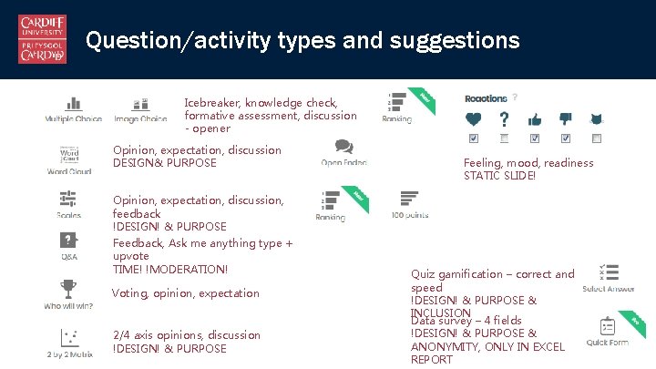 Question/activity types and suggestions Icebreaker, knowledge check, formative assessment, discussion - opener Opinion, expectation,