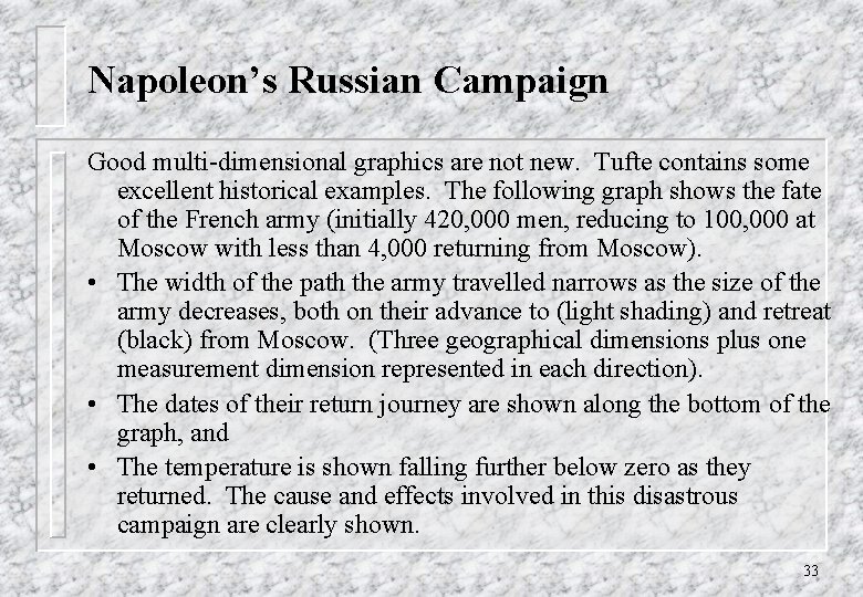 Napoleon’s Russian Campaign Good multi-dimensional graphics are not new. Tufte contains some excellent historical