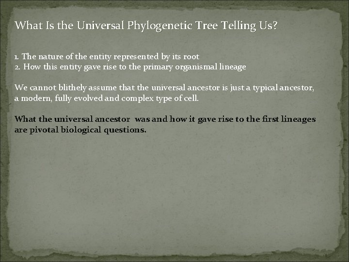 What Is the Universal Phylogenetic Tree Telling Us? 1. The nature of the entity