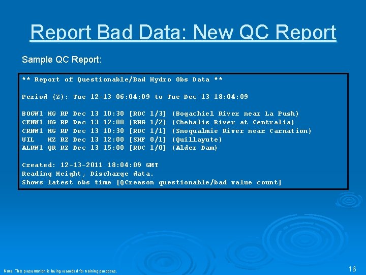 Report Bad Data: New QC Report Sample QC Report: ** Report of Questionable/Bad Hydro Report Bad Data: New QC Report Sample QC Report: ** Report of Questionable/Bad Hydro