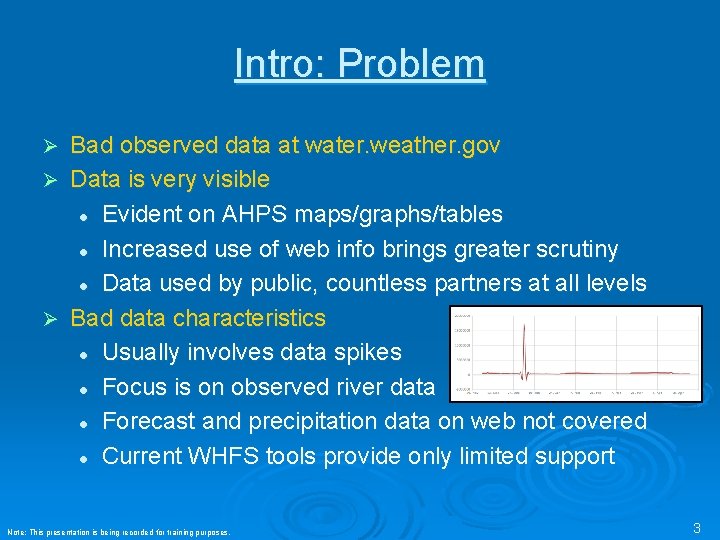 Intro: Problem Bad observed data at water. weather. gov Ø Data is very visible Intro: Problem Bad observed data at water. weather. gov Ø Data is very visible