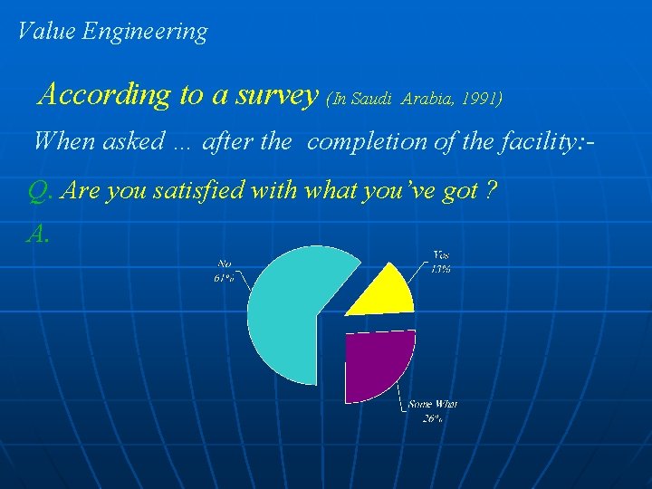 Value Engineering According to a survey (In Saudi Arabia, 1991) When asked … after