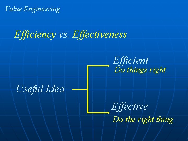 Value Engineering Efficiency vs. Effectiveness Efficient Do things right Useful Idea Effective Do the