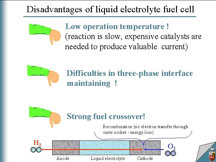 Disadvantages of liquid electrolyte fuel cell Low operation temperature ! (reaction is slow, expensive