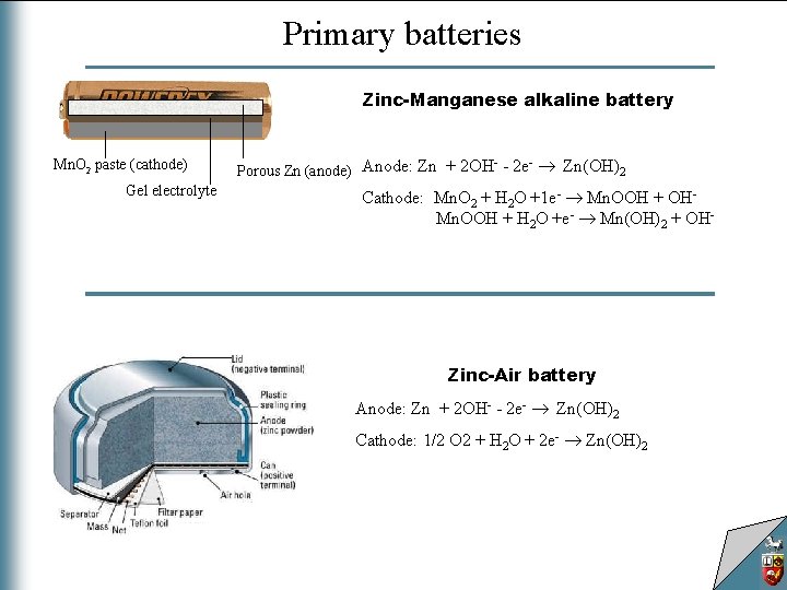 Primary batteries Zinc-Manganese alkaline battery Mn. O 2 paste (cathode) Gel electrolyte Porous Zn
