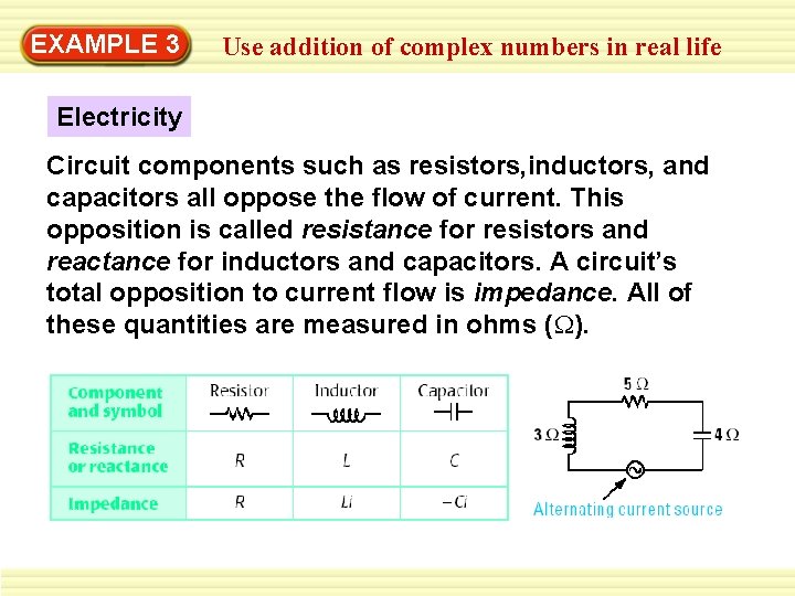 EXAMPLE 3 Use addition of complex numbers in real life Electricity Circuit components such