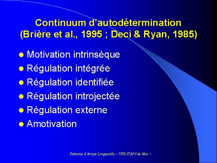 Continuum d’autodétermination (Brière et al. , 1995 ; Deci & Ryan, 1985) l Motivation