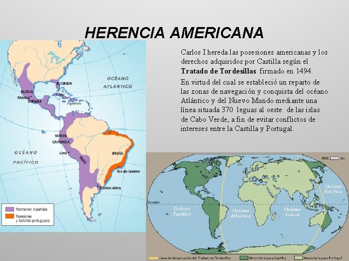 HERENCIA AMERICANA Carlos I hereda las posesiones americanas y los derechos adquiridos por Castilla