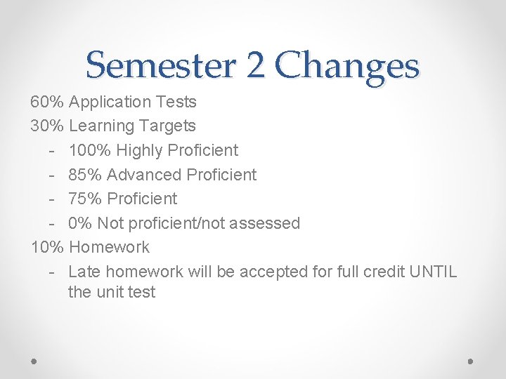 Semester 2 Changes 60% Application Tests 30% Learning Targets - 100% Highly Proficient -