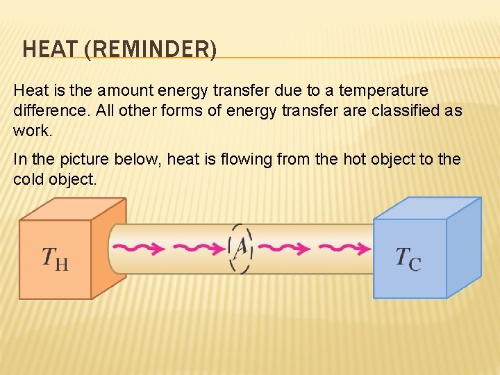 HEAT (REMINDER) Heat is the amount energy transfer due to a temperature difference. All