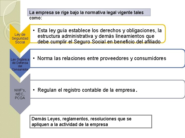 La empresa se rige bajo la normativa legal vigente tales como: Ley de Seguridad