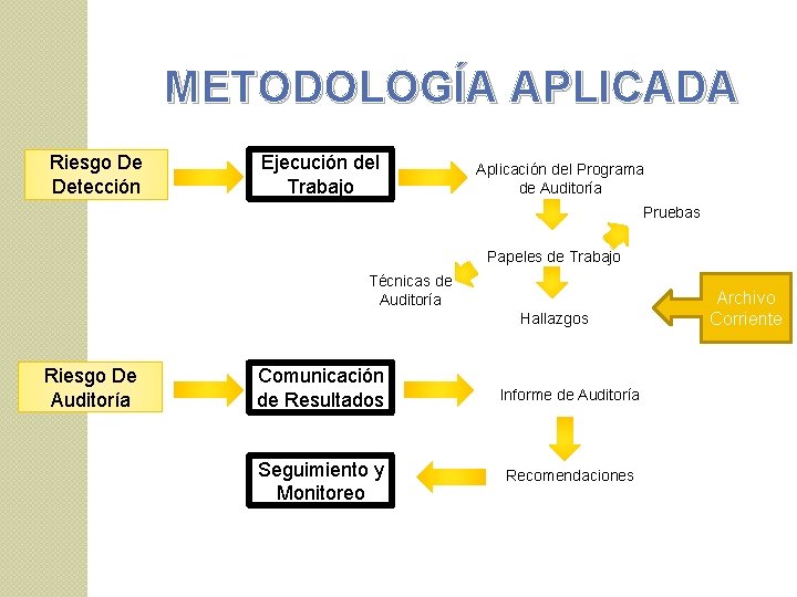 METODOLOGÍA APLICADA Riesgo De Detección Ejecución del Trabajo Aplicación del Programa de Auditoría Pruebas