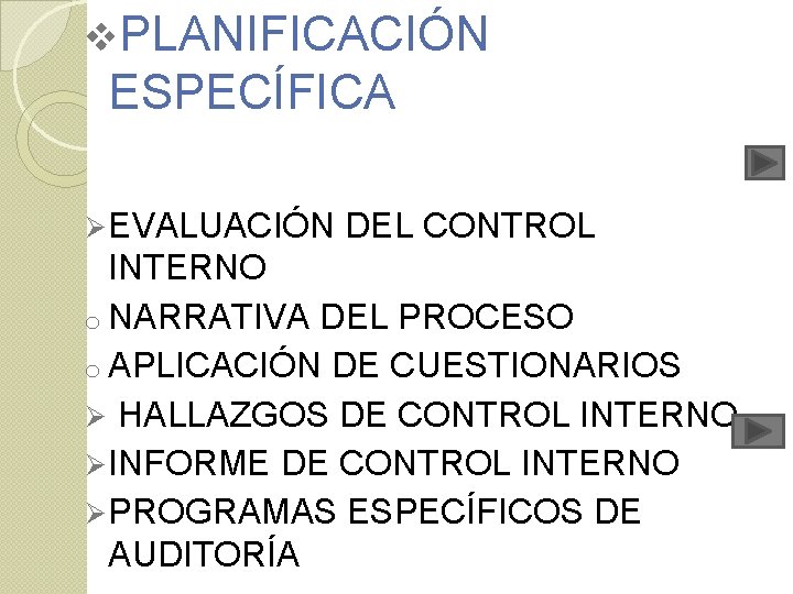 v. PLANIFICACIÓN ESPECÍFICA Ø EVALUACIÓN DEL CONTROL INTERNO o NARRATIVA DEL PROCESO o APLICACIÓN