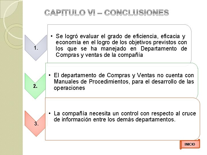 1. 2. 3. • Se logró evaluar el grado de eficiencia, eficacia y economía