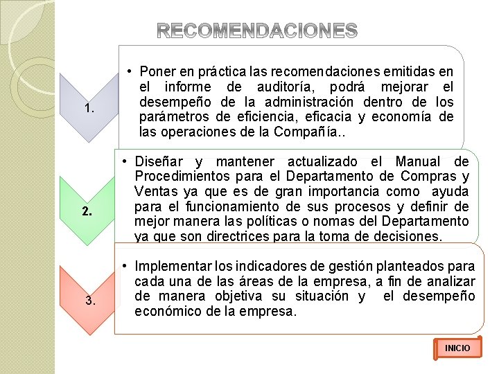 1. 2. 3. • Poner en práctica las recomendaciones emitidas en el informe de