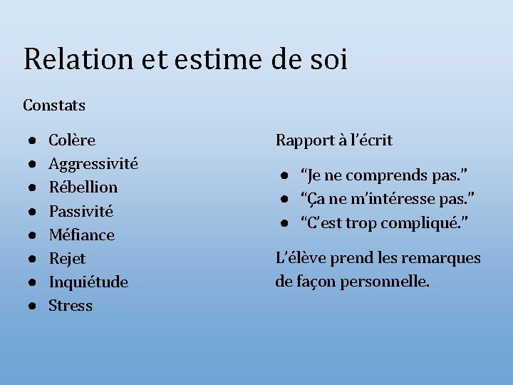 Relation et estime de soi Constats ● ● ● ● Colère Aggressivité Rébellion Passivité