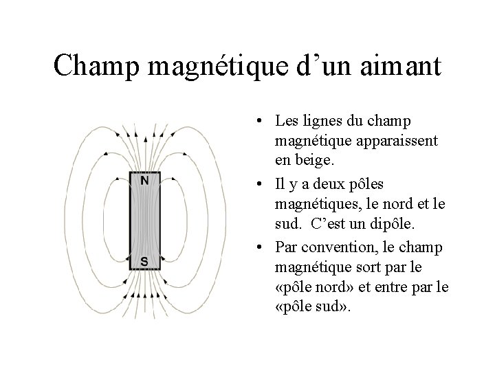 Champ magnétique d’un aimant • Les lignes du champ magnétique apparaissent en beige. •