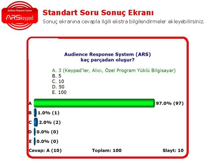 Standart Soru Sonuç Ekranı Sonuç ekranına cevapla ilgili ekstra bilgilendirmeler ekleyebilirsiniz. Standart Soru Sonuç Ekranı Sonuç ekranına cevapla ilgili ekstra bilgilendirmeler ekleyebilirsiniz.