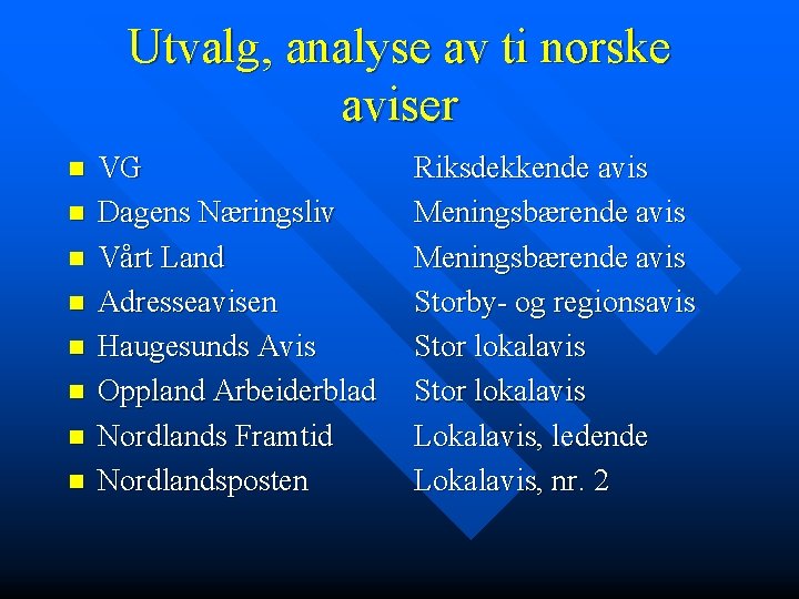 Utvalg, analyse av ti norske aviser n n n n VG Dagens Næringsliv Vårt