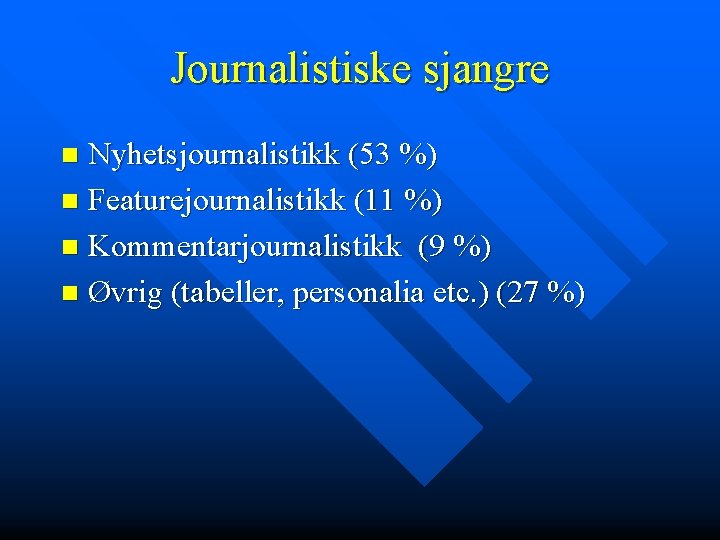 Journalistiske sjangre Nyhetsjournalistikk (53 %) n Featurejournalistikk (11 %) n Kommentarjournalistikk (9 %) n