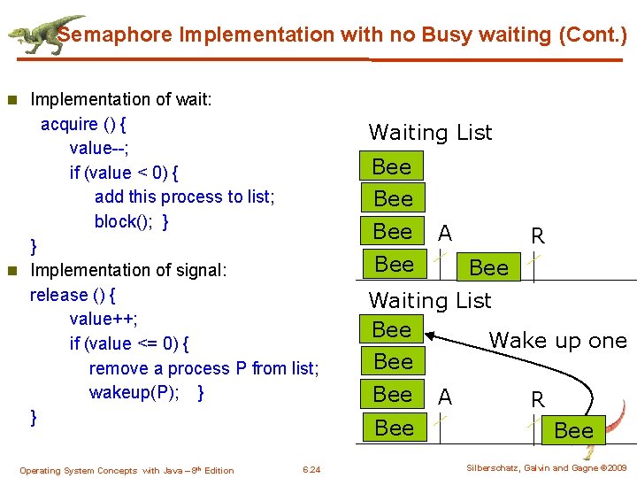Semaphore Implementation with no Busy waiting (Cont. ) n Implementation of wait: acquire ()
