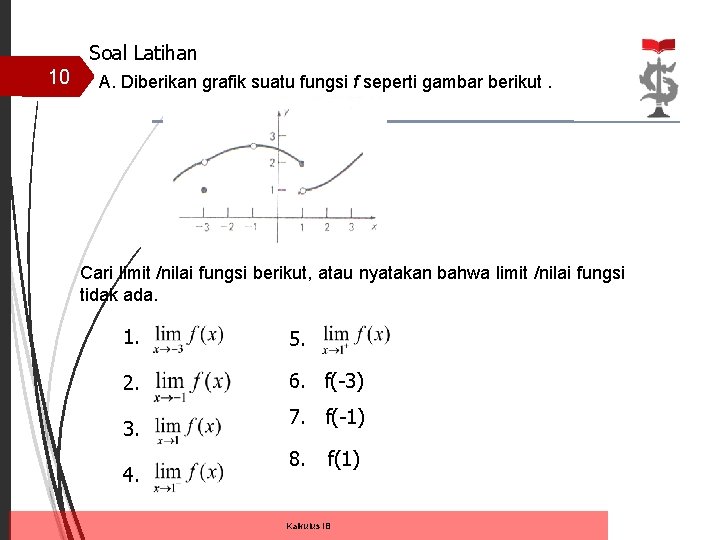 Soal Latihan 10 A. Diberikan grafik suatu fungsi f seperti gambar berikut. Cari limit