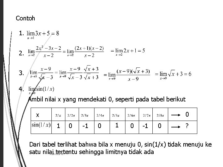 Contoh 4 1. 2. 3. 4. Ambil nilai x yang mendekati 0, seperti pada