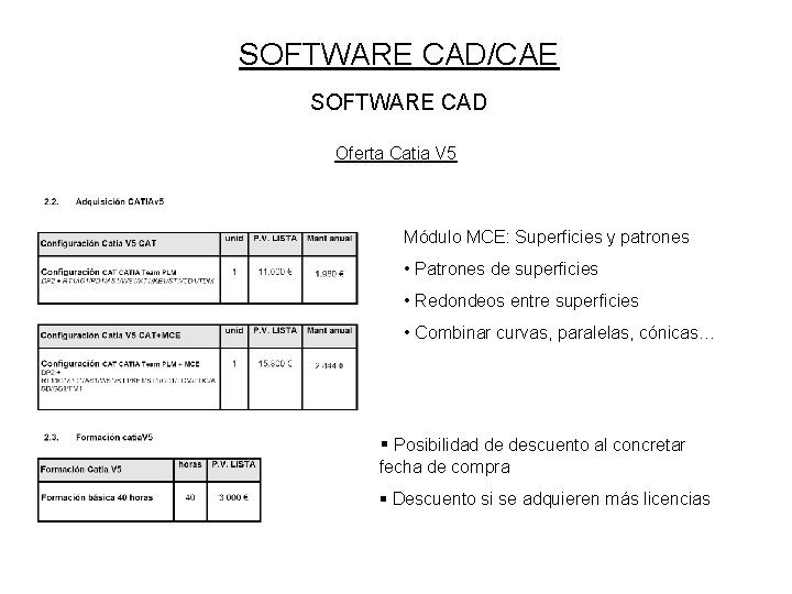 SOFTWARE CAD/CAE SOFTWARE CAD Oferta Catia V 5 Módulo MCE: Superficies y patrones •