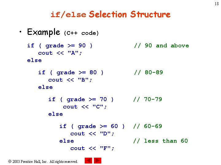 18 if/else Selection Structure • Example (C++ code) if ( grade >= 90 )