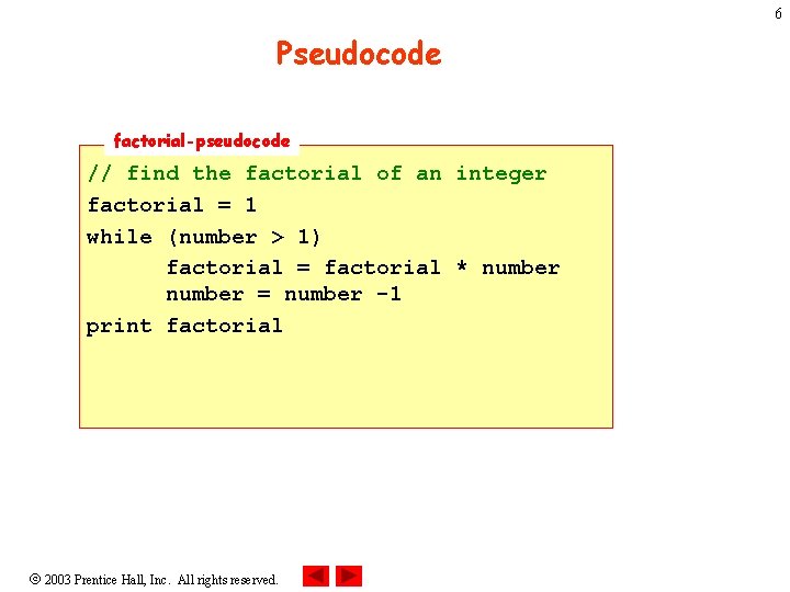 6 Pseudocode factorial-pseudocode // find the factorial of an integer factorial = 1 while