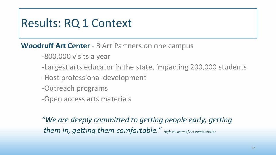 Results: RQ 1 Context Woodruff Art Center - 3 Art Partners on one campus