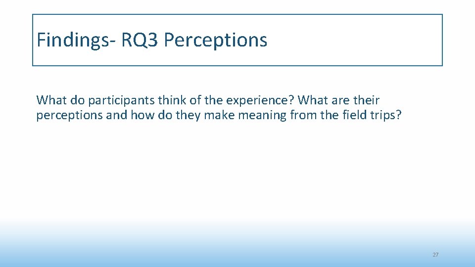 Findings- RQ 3 Perceptions What do participants think of the experience? What are their