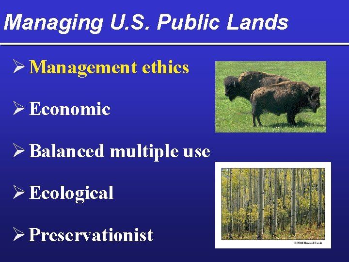 Managing U. S. Public Lands Ø Management ethics Ø Economic Ø Balanced multiple use