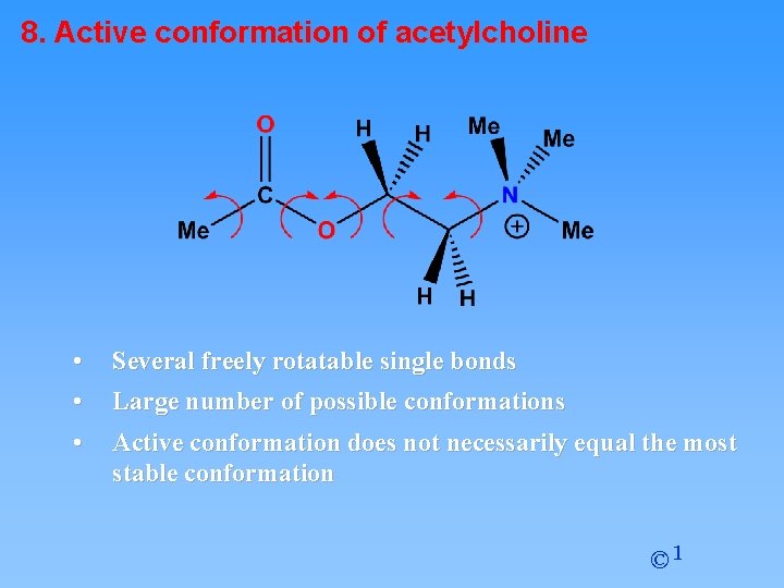 8. Active conformation of acetylcholine • • Several freely rotatable single bonds • Active