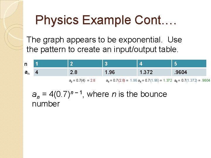 Physics Example Cont. … The graph appears to be exponential. Use the pattern to