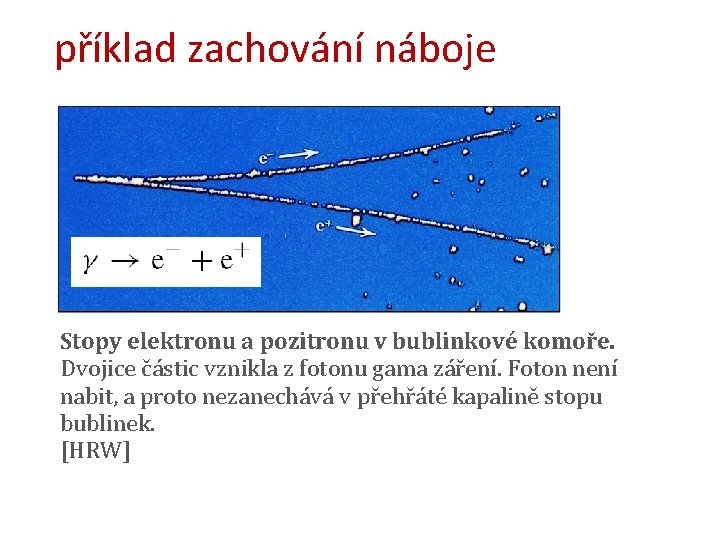příklad zachování náboje Stopy elektronu a pozitronu v bublinkové komoře. Dvojice částic vznikla z