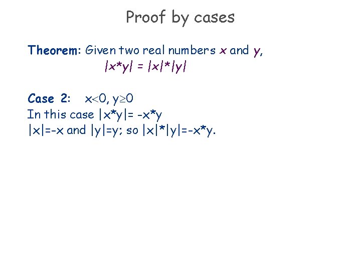 Proof by cases Theorem: Given two real numbers x and y, |x*y| = |x|*|y|