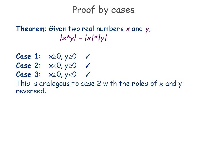 Proof by cases Theorem: Given two real numbers x and y, |x*y| = |x|*|y|