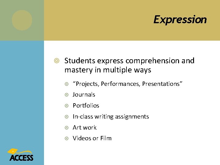 Expression Students express comprehension and mastery in multiple ways “Projects, Performances, Presentations” Journals Portfolios