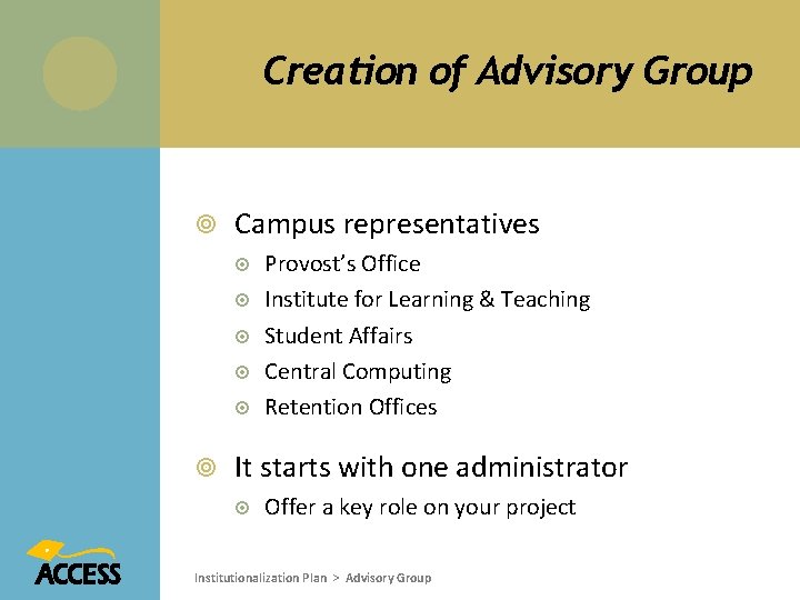 Creation of Advisory Group Campus representatives Provost’s Office Institute for Learning & Teaching Student