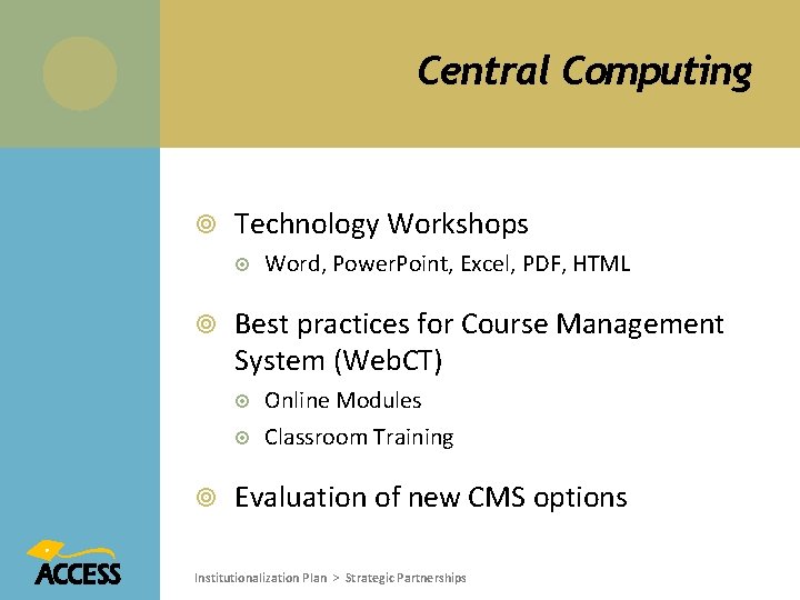 Central Computing Technology Workshops Best practices for Course Management System (Web. CT) Word, Power.