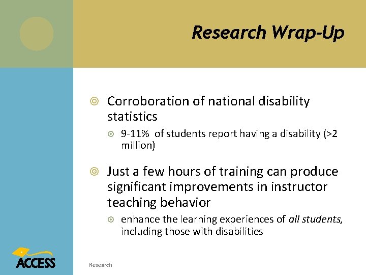 Research Wrap-Up Corroboration of national disability statistics 9 -11% of students report having a