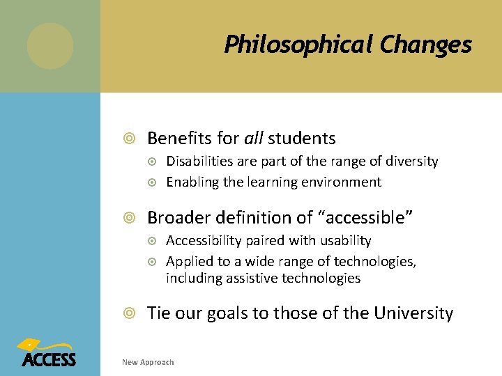 Philosophical Changes Benefits for all students Broader definition of “accessible” Disabilities are part of